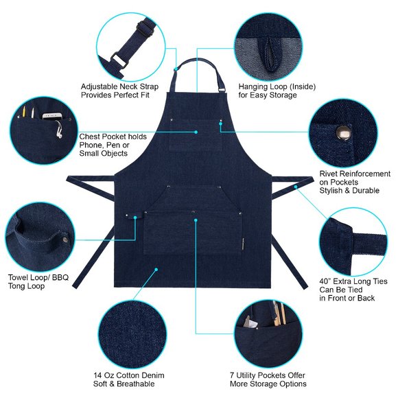 😍NWOT 1 PC UNISEX PREMIUM DENIM APRON BLUE | ALL PURPOSE KITCHEN BBQ WORK PAINT - Picture 2 of 9